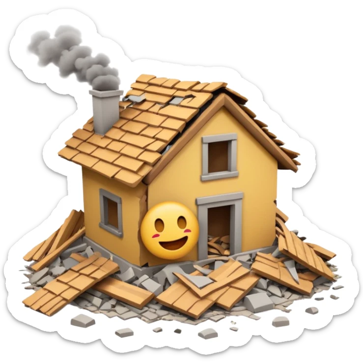 3D iPhone style emoji of a completely destroyed house, heavily damaged, collapsed into rubble, broken walls and roof scattered into debris, isolated on white background, soft shadows, high detail, playful and cute. sticker
