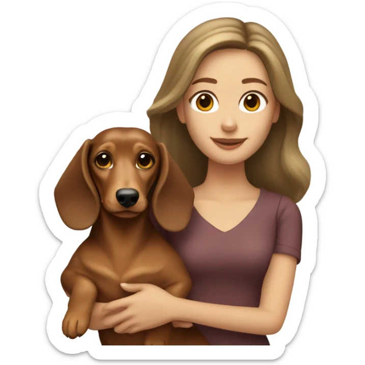 A woman with shoulder length brown hair holding a blonde colored long hair dachshund  sticker