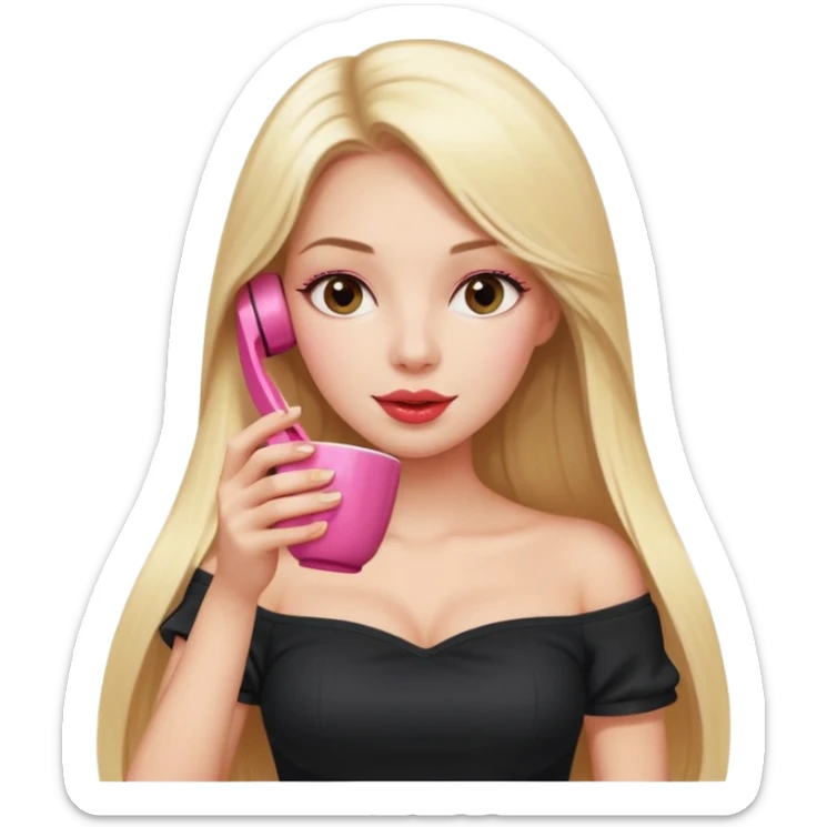 close-up of woman with straight long blond hair, gossiping on a pink analogue phone, holding a tea cup, wearing an off-shoulder black top, red face sticker