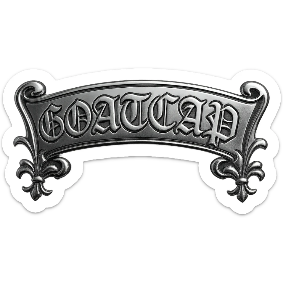 sticker with the text '60ATCAP' in the style of Chrome Hearts, blackletter gothic font, silver chrome shine, decorative flourishes sticker