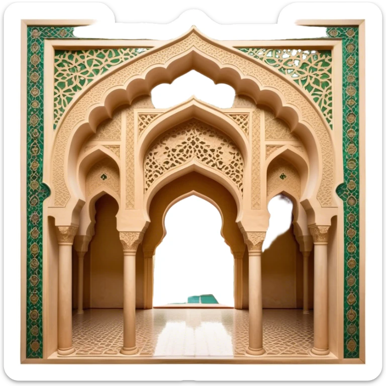 Alhambra – Cinematic Realistic Alhambra, depicted as a majestic Moorish palace with intricately carved arches, lush courtyards, and detailed tile work, bathed in soft golden light and dynamic shadows that highlight its opulent historical beauty. sticker