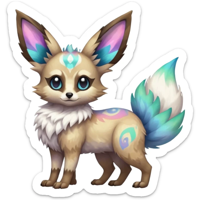 Rare iridescent white exotic epic aesthetic colorful Trico-Eevee-Genet-species-Fakemon-hybrid-creature, with intricate tattoo markings, full body sticker