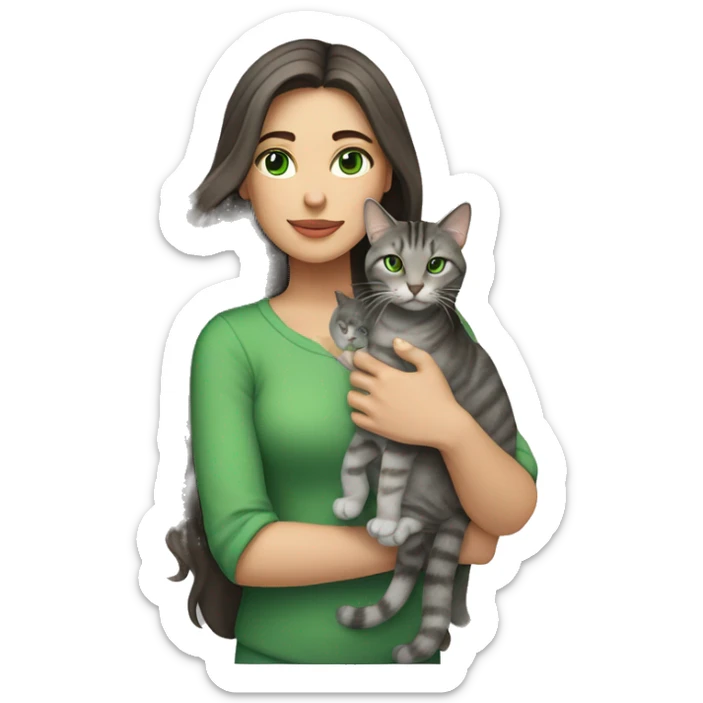 A woman with long dark brown hair and green eyes holds a gray tabby cat with green eyes in her arms sticker