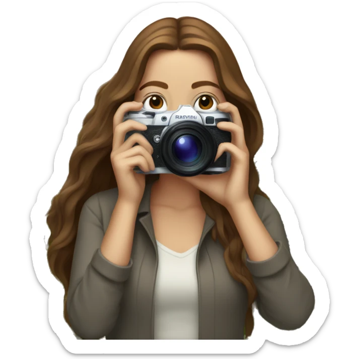 A white woman with long brown hair taking a photo with an expensive camera of nature sticker