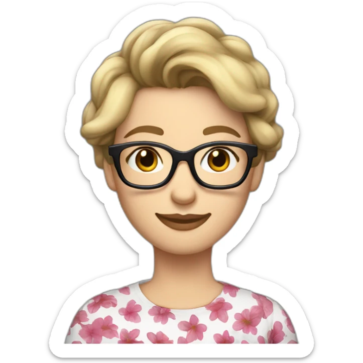 unshaved white brunette with short hair up unshaved wearing glasses and dark t-shirt with flowers print sticker