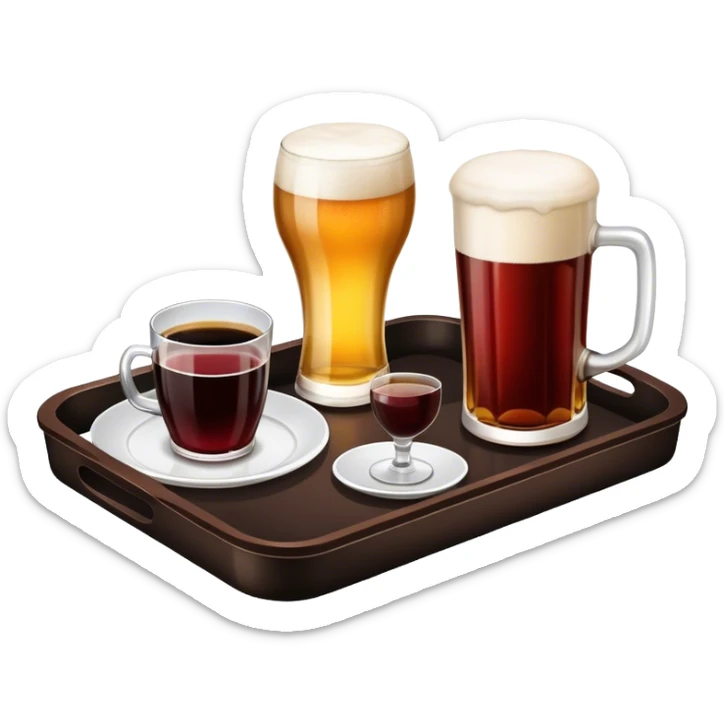 A serving tray with a beer, glass of wine, and a cup of coffee sticker