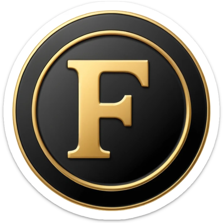 Emoji icon of a black coin with engraved letter F, minimalist style, isolated sticker