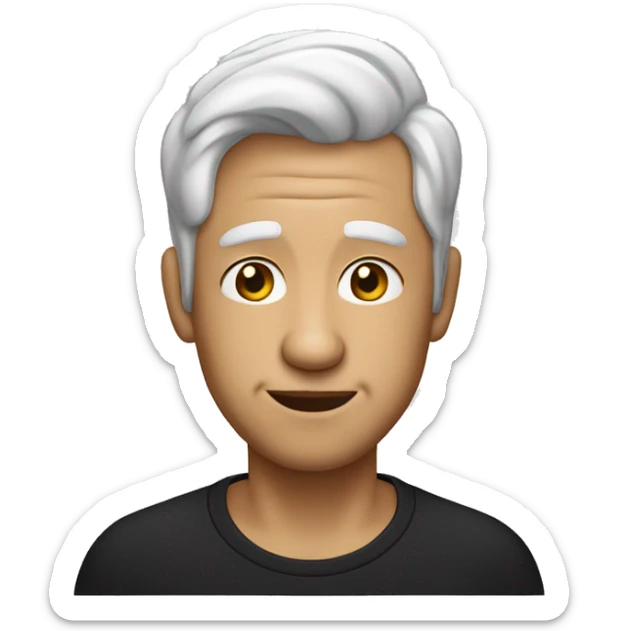 Man with big nose and big forehad in black rshirt with little amount of fadet white hair sticker