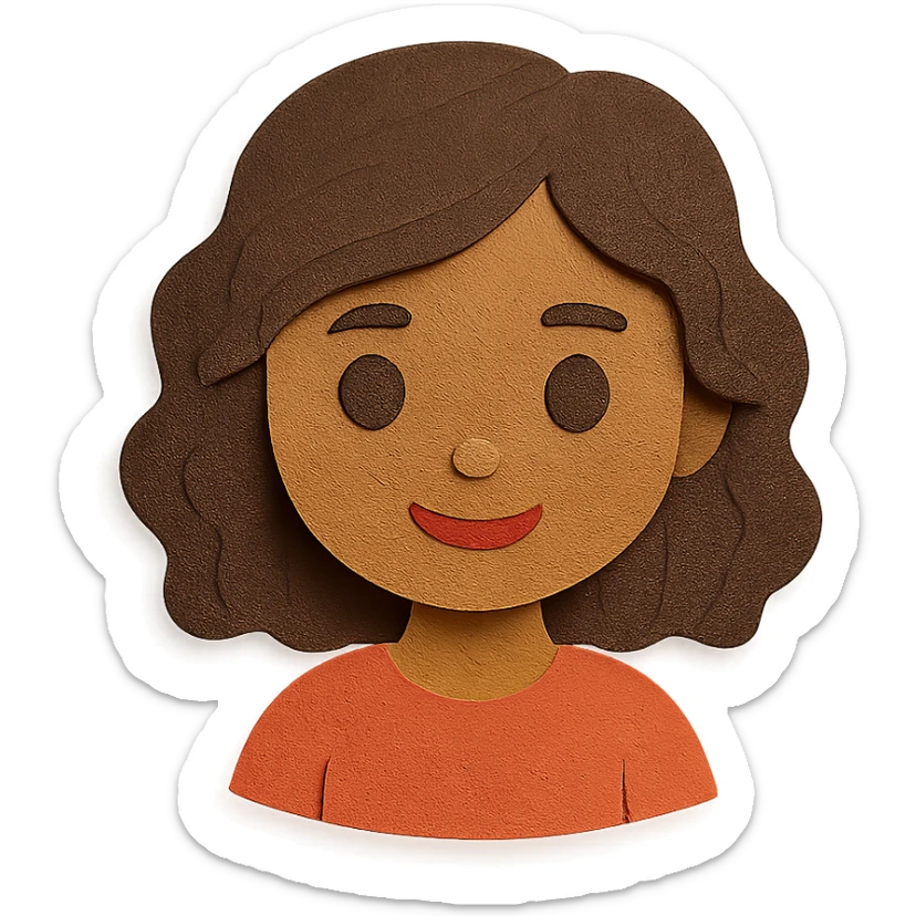 brown girl with wavy hair and brown eyes in paper craft style sticker