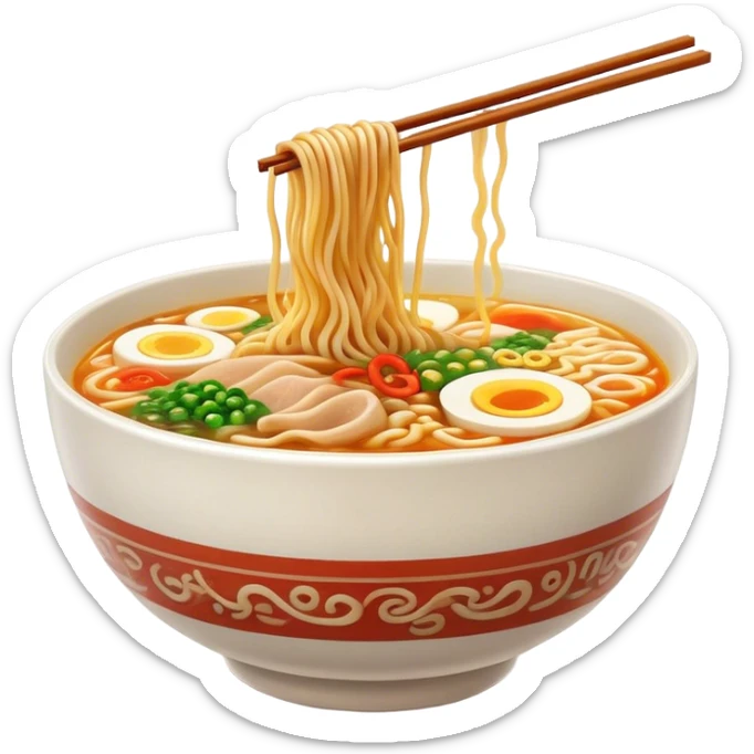 Cinematic Realistic Ramen Dish Emoji, showcasing a steaming bowl of rich broth with noodles and toppings rendered with dynamic textures and inviting, warm lighting. sticker