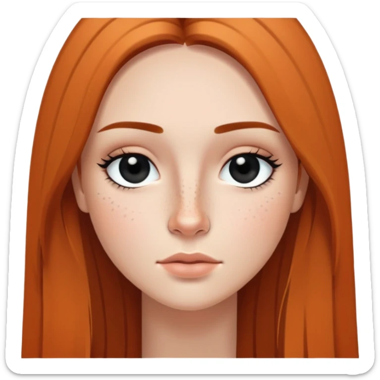 woman with straight long hair, deep black eyes, minimal makeup, and freckles on cheeks and nose sticker