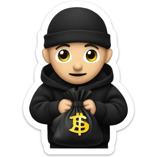 Thief wearing all black clothes stealing a money bag with the words Top Tier embroidered on it sticker