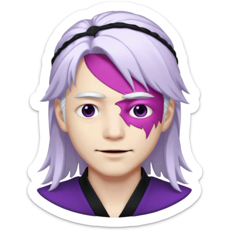 A young pale skinned Japanese man, with long free white hair. Purple eyes pink lips. Devious smile and an eyepatch sticker