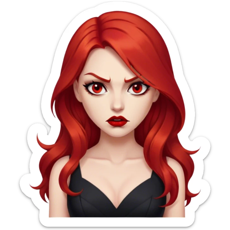 a beautiful very angry woman with long red hair and red eyes. The woman wear a black little cutted dress. She have red lipstick and she have a seductive look. Angry face sticker