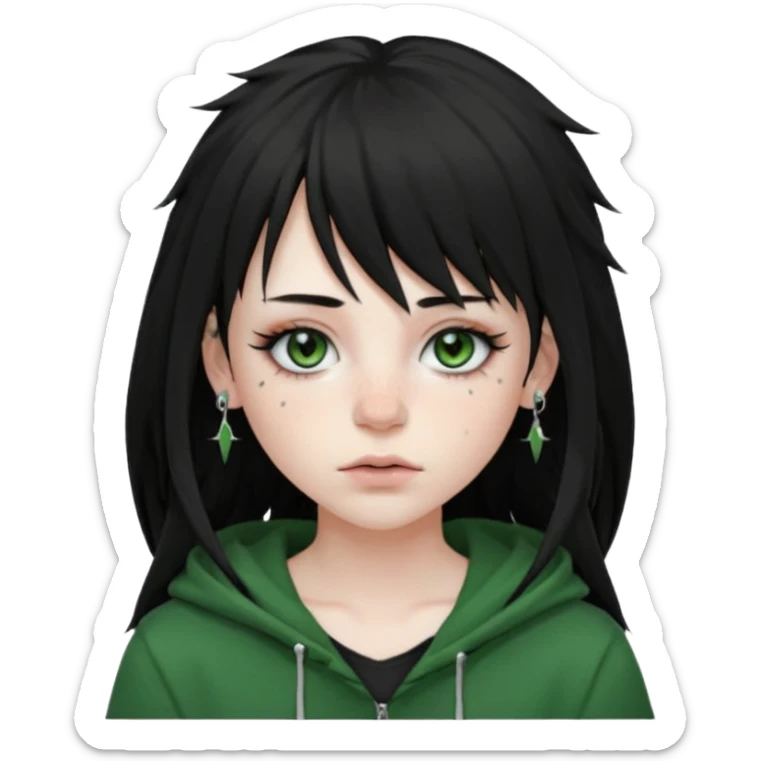 girl with black long layered hair with wispy bangs, pale skin, black t shirt, freckles on nose, dark nude colored lipliner, fluffy lashes, green hooded eyes, black spiky septum ring, eyebrow piercing, blush, thin black eyebrows. sticker