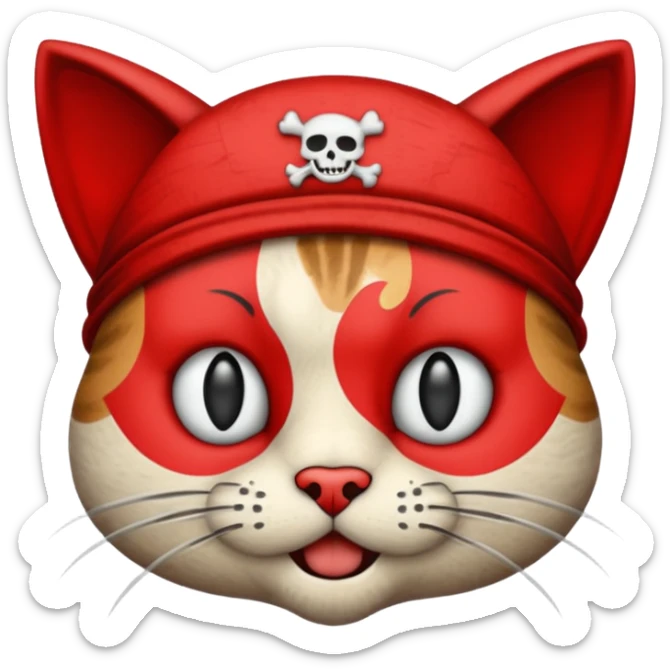 Vintage 1930s cartoon style emoji, cat, pirate aesthetic, thick black outlines, rubber hose animation style, monochrome with red accents, grainy paper texture, white background --v 6.0 sticker