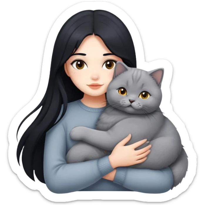 A beautiful girl with long black hair hugs a British Shorthair sticker