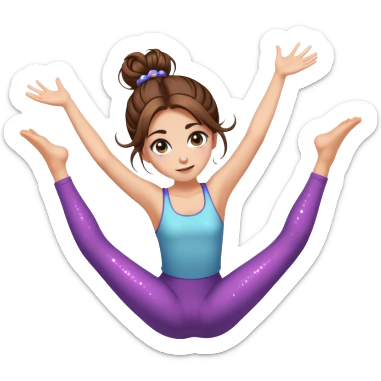 girl with long brown hair with messy bun, chaotic sparkle eyes cartwheel sticker