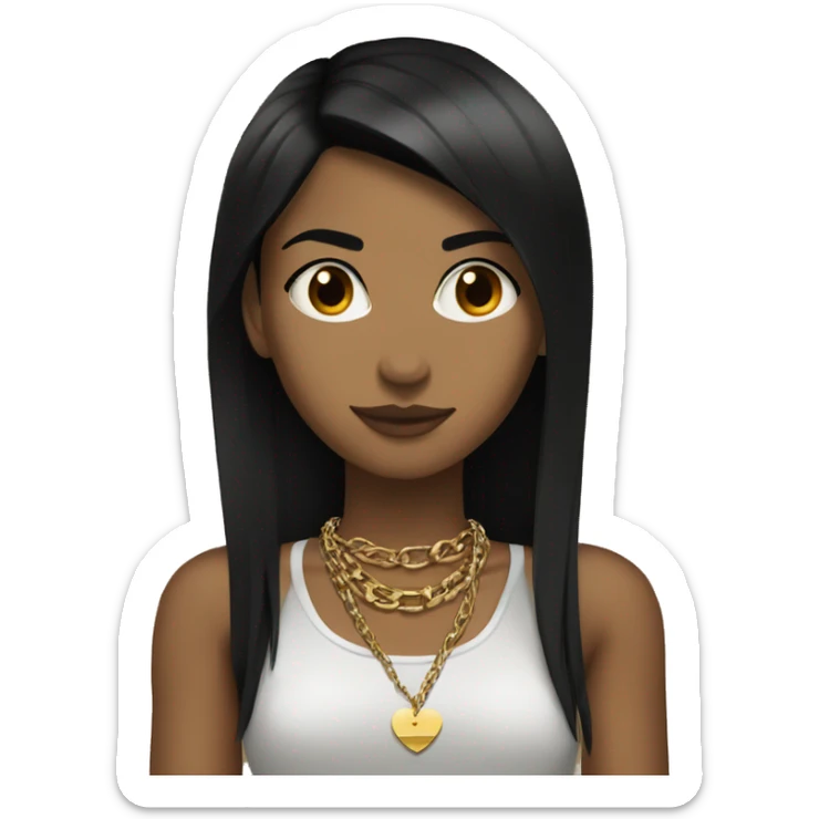 Black straight hair girl with tan skin, brown eyes and punk shitt with a gold necklace sticker