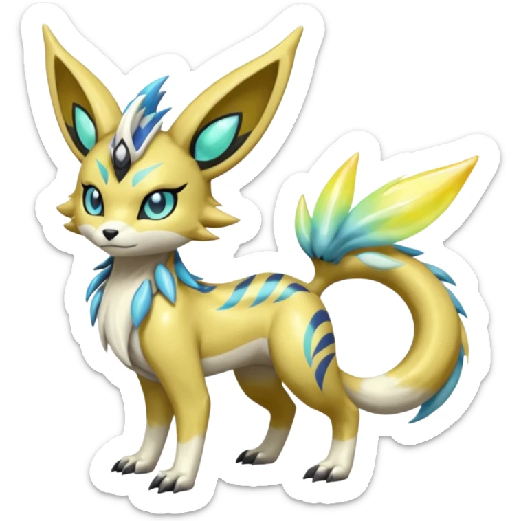 Splash-marked Exotic Meloetta-Zeraora-Lombax-Renamon-Protogen-Palkia-hybrid-fusion-Fakémon-creature, full body sticker