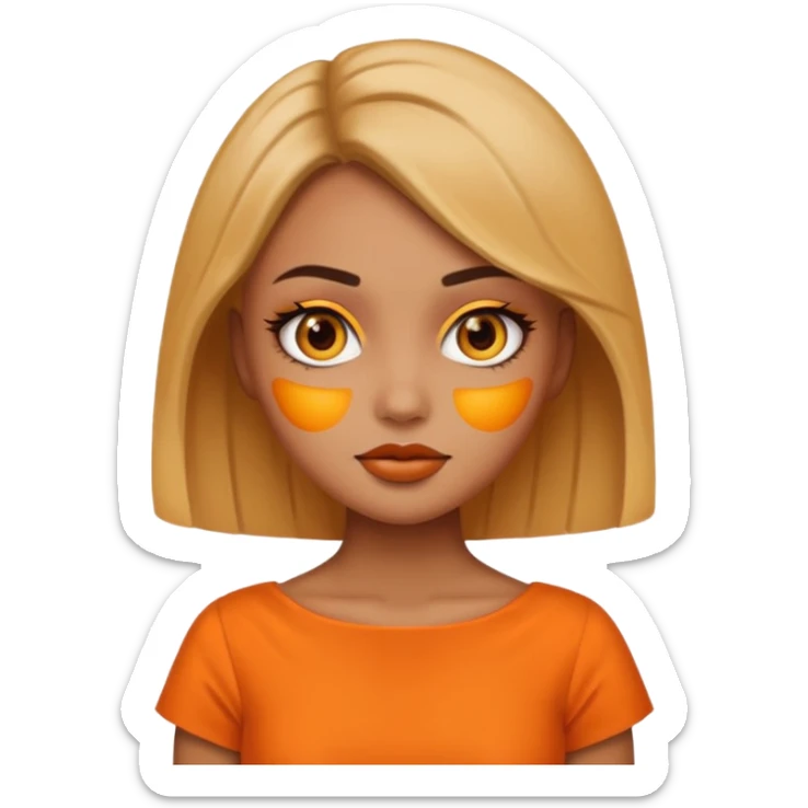 A girl tan skin face emoji with skin head styled, dramatic makeup and an orange dress. sticker