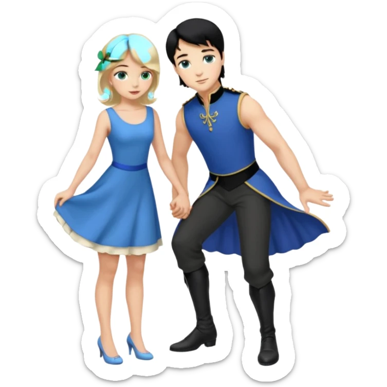 prince, black hair, blue eyes, blue garment,  Woman, blonde Hair, green eyes, bending knee, sleveless white dress, sticker
