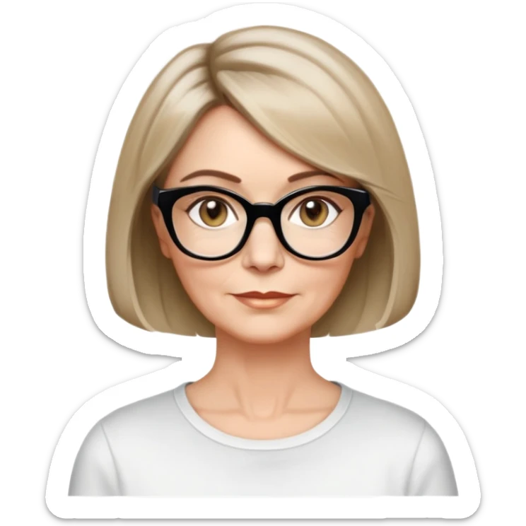 white woman about 50 years old, light warm skin, short bob haircut to neck with slight waves at ends, medium brown hair with soft highlights, neutral expression, large black shiny butterfly or cat-eye glasses, white casual t-shirt, calm and creative energy sticker