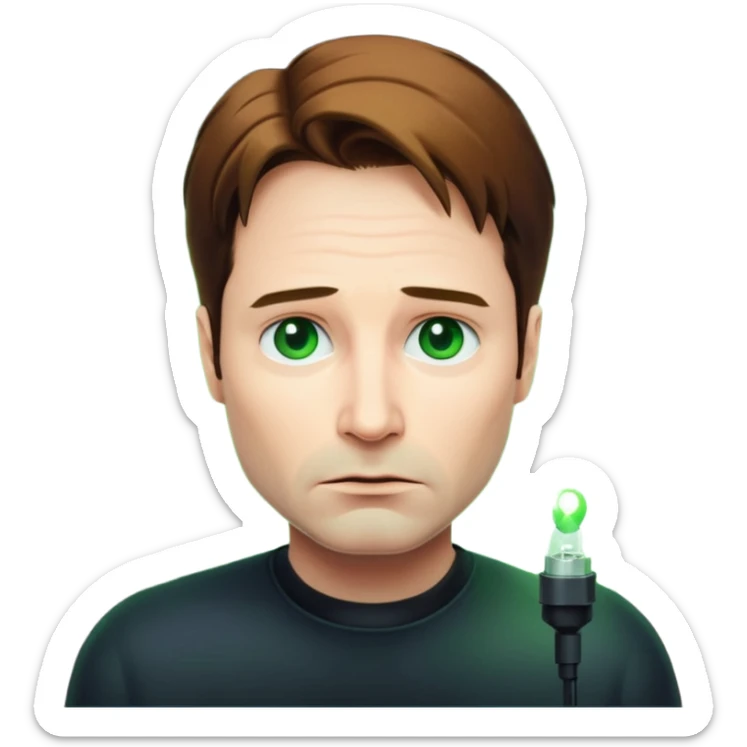 Mulder from the x-files is looking very very worried (not trusting anyone today). A transparent green beam of light from a UFO illuminates him. sticker