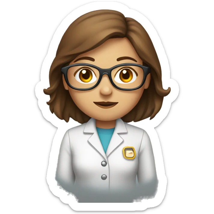 Female scientist emoji with long brown hair, wearing round glasses and a lab coat, facing forward. sticker