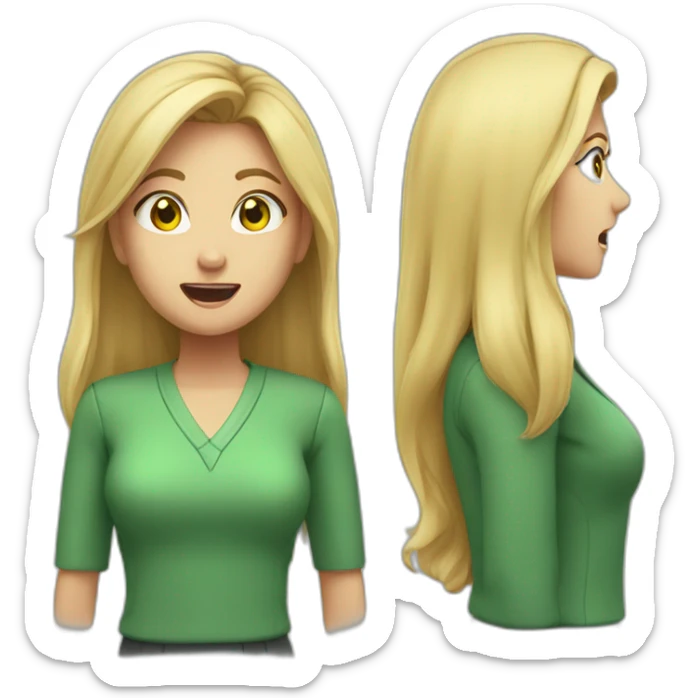 woman teacher long blonde hair green shirt no glasses yelling sticker