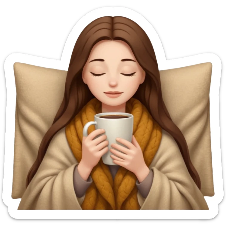 long brown hair woman closed eyes hiding under a cozy wool beige blanket, holding cup of coffee, autumn mood sticker