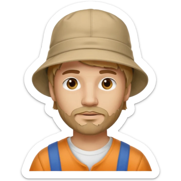 Romanian brown blond ish hair male, 30 yrs old, a little bit of facial hair, bucket hat on the head sticker