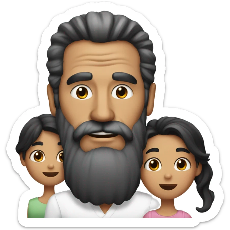 one old man with big beard and black hair. with two younger girls with black hair, the younger of the girls has a lot of makeup sticker