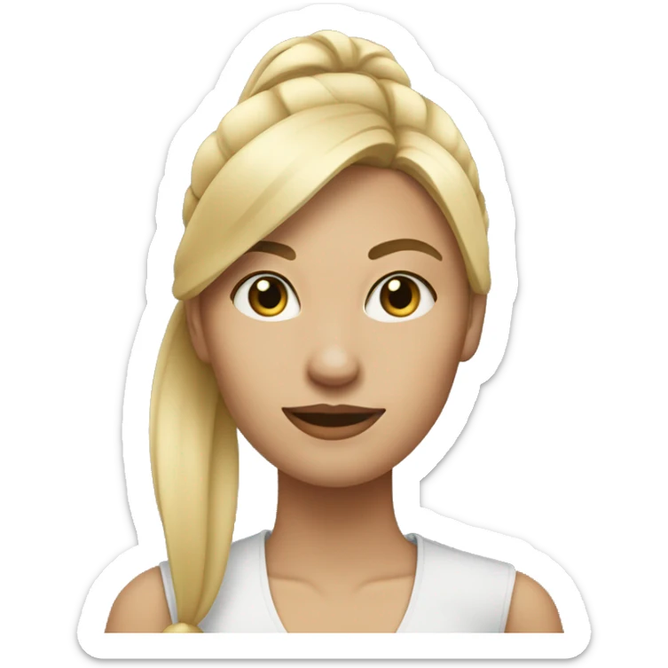 blonde woman with straight hair in ponytail with her finger horizontal under her nose  sticker