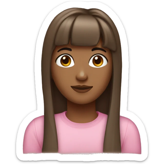 27 years old girl, brown long air with curtain bangs, brown eyes, clear skin, pink tshirt  sticker