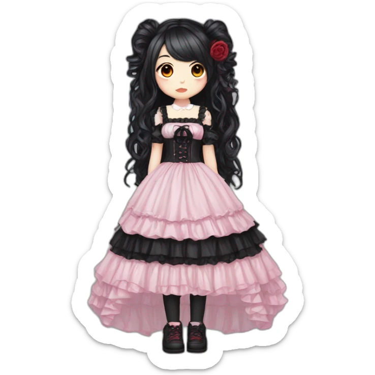 Gothic lolita pink and black, long hair, red and black hair, full body sticker
