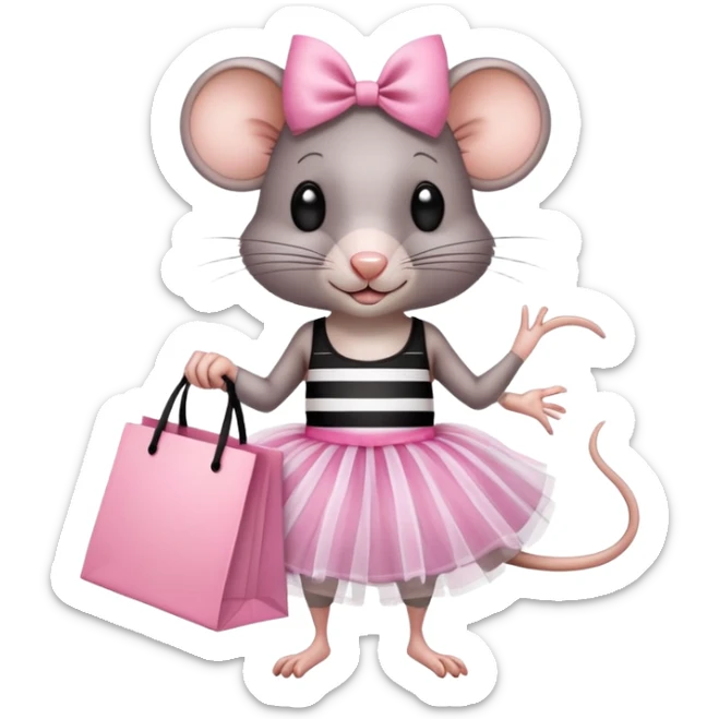 rat with a pink dress and tutu holding a black and white striped shopping bag sticker