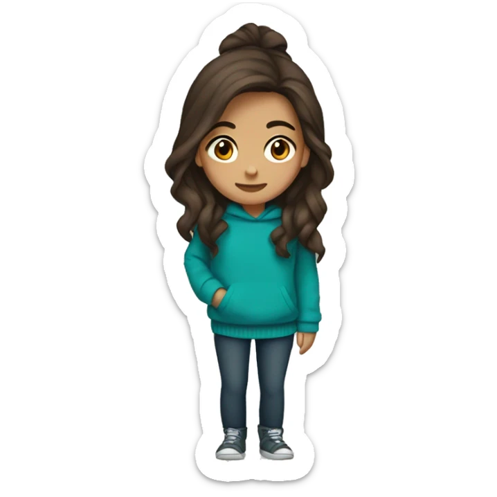 teenage girl, hispanic, long brown hair, brown eyes, teal sweater, winter sticker
