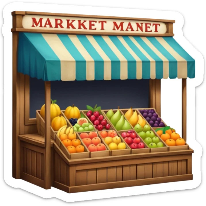 colorful market stall with fruits and goods inside an old store window sticker