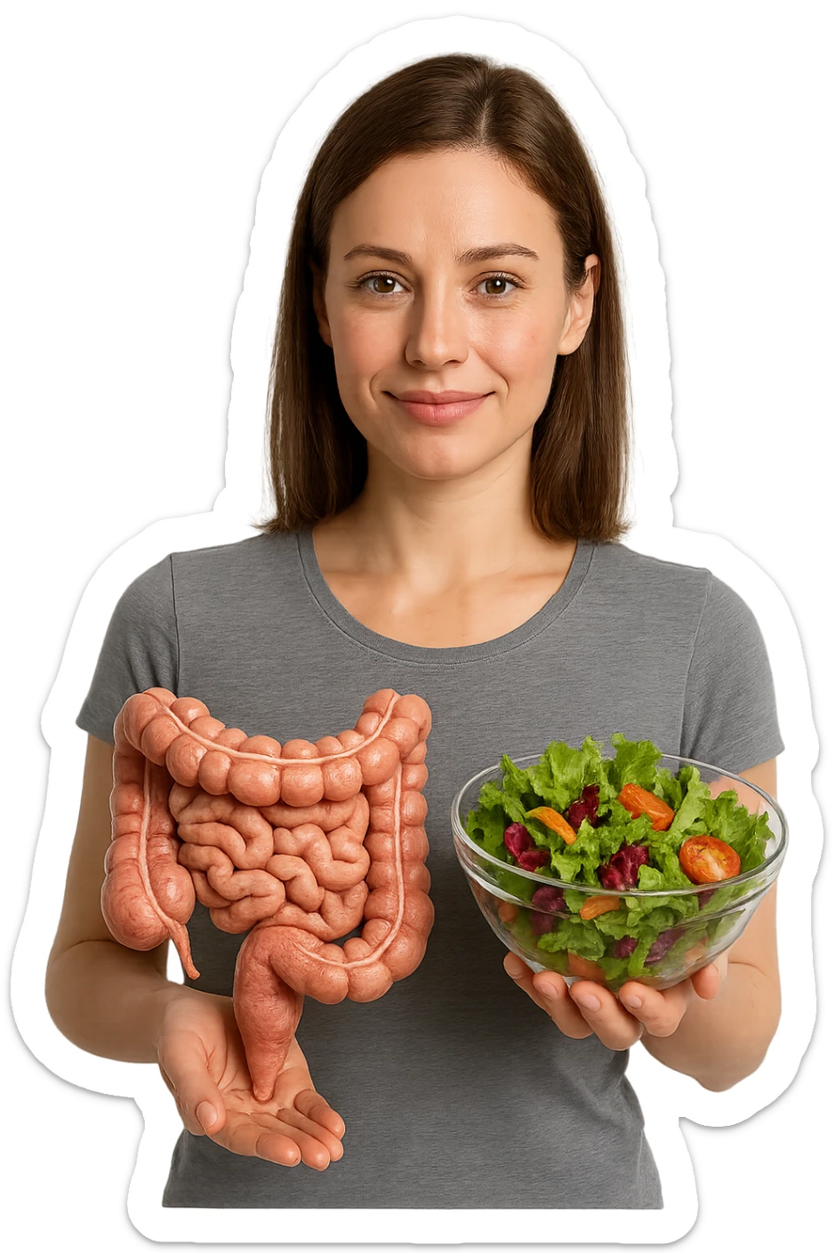DONNA CON INTESTINO UMANO ANATOMICO CON INSALATA IN MANO, iperrealistico 4k, SFONDO BIANCO sticker