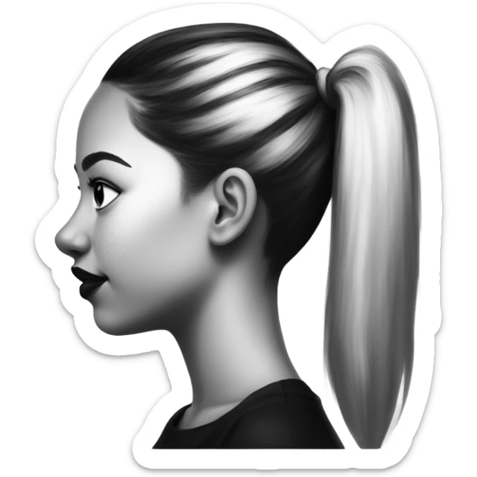 Side profile of a drawing of a girl with a black and white ponytail and pigmentation on her cheek with lips and a nose, all in black and white sticker