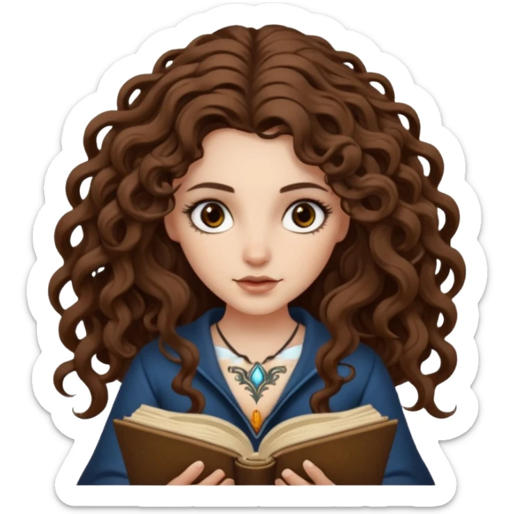 woman with long curly brown hair, brown eyes, white skin, tattoos, reading a spellbook that grows roots instead of pages sticker