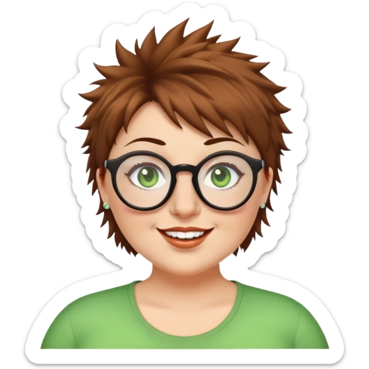  plus size white women round nose with short  brown shaggy spiked hair wearing glasses green eyes happy sticker