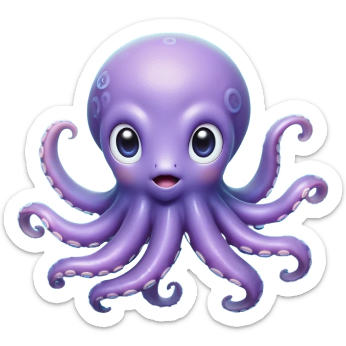 Cinematic Cute Baby Octopus Portrait Emoji, Head tilted slightly in a curious and endearing way, featuring a smooth, rounded light blue-purple body with enormous, sparkling eyes filled with warmth and innocence, delicate tentacles curling playfully, Simplified yet irresistibly adorable features, highly detailed, glowing with a soft, dreamy marine glow, high shine, affectionate and gentle, stylized with a touch of whimsical deep-sea charm, soft glowing outline, capturing the essence of a tiny, inquisitive octopus that looks ready to gently drift into your heart! sticker