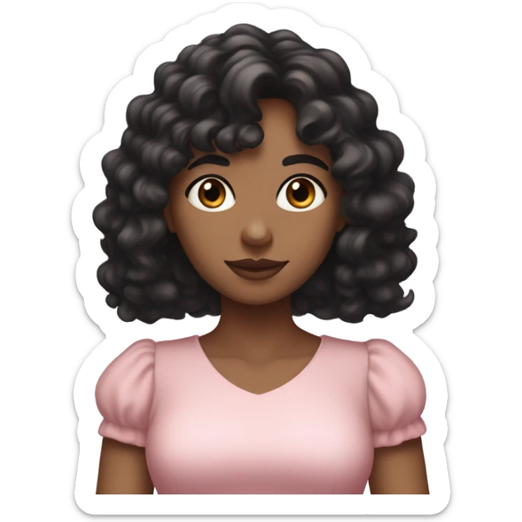 White woman with long black curly hair and bangs and dark brown eyes, wearing a pastel pink dress sticker