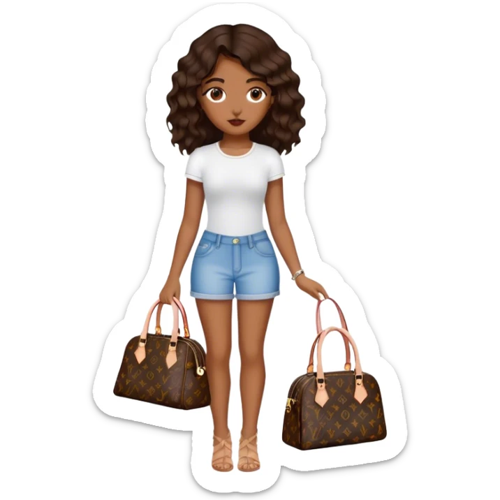  Brown girl with dark brown medium beach wavy hair carrying one Louis Vuitton purse on her arm while standing  sticker