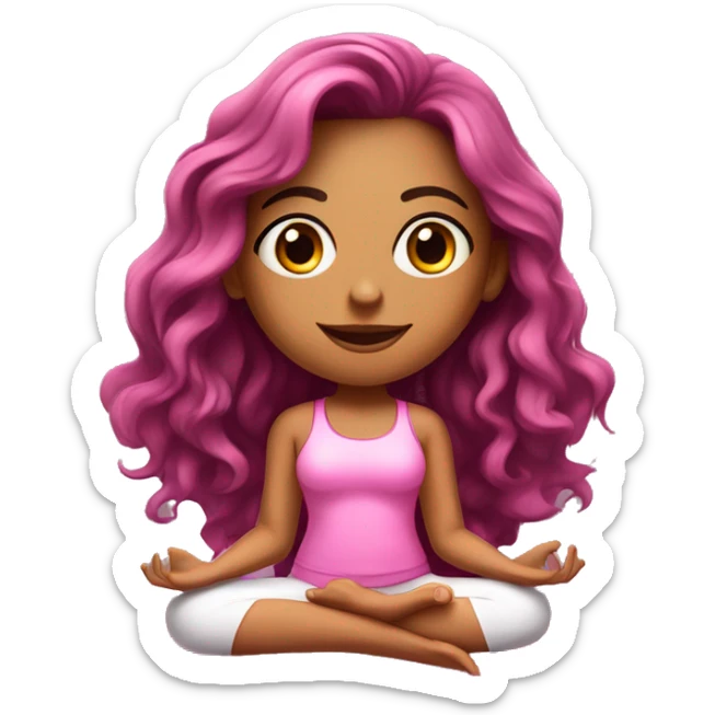 Realistic Hispanic girl with long wavy hair and makeup  wearing pink doing yoga sitting on yoga mat  sticker