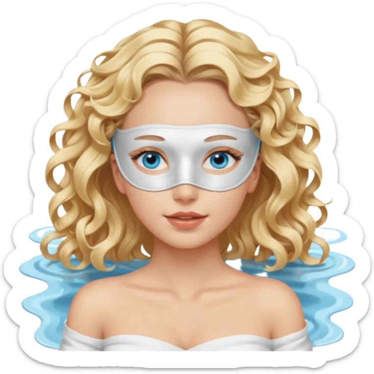 White girl- ocean blue eyes - beauty face mask massage -full care- blonde long curly hair  white off shoulder shirt sticker