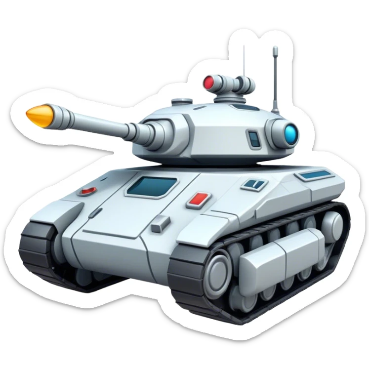 Clash of Clans aesthetic: Cinematic Playful 3D Isometric Space Tank Emoji, rendered in a 3D vector-style similar to standard emojis with minimal shading and bold, simplified shapes. A compact, distinct form with signature details, softly glowing with a futuristic sci-fi warfare charm. Simplified yet unmistakably iconic, highly detailed and consistent, glowing with a soft radiance and high shine. Stylized with a touch of high-tech brilliance and a soft glowing outline, capturing the essence of a beloved gaming relic with a friendly, playful manner! sticker