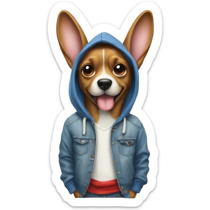 Dog wearing a hoodie blue jeans red shoes with hands in pockets with bunny ears sticker
